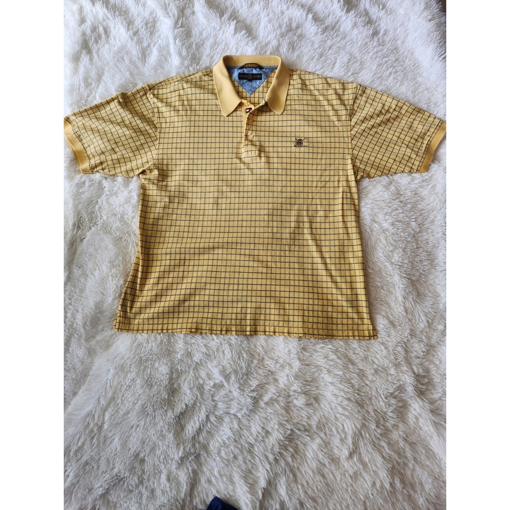 Tommy Hilfiger Golf Mens XL Polo Shirt Yellow Grid Short Sleeve Cotton Vintage